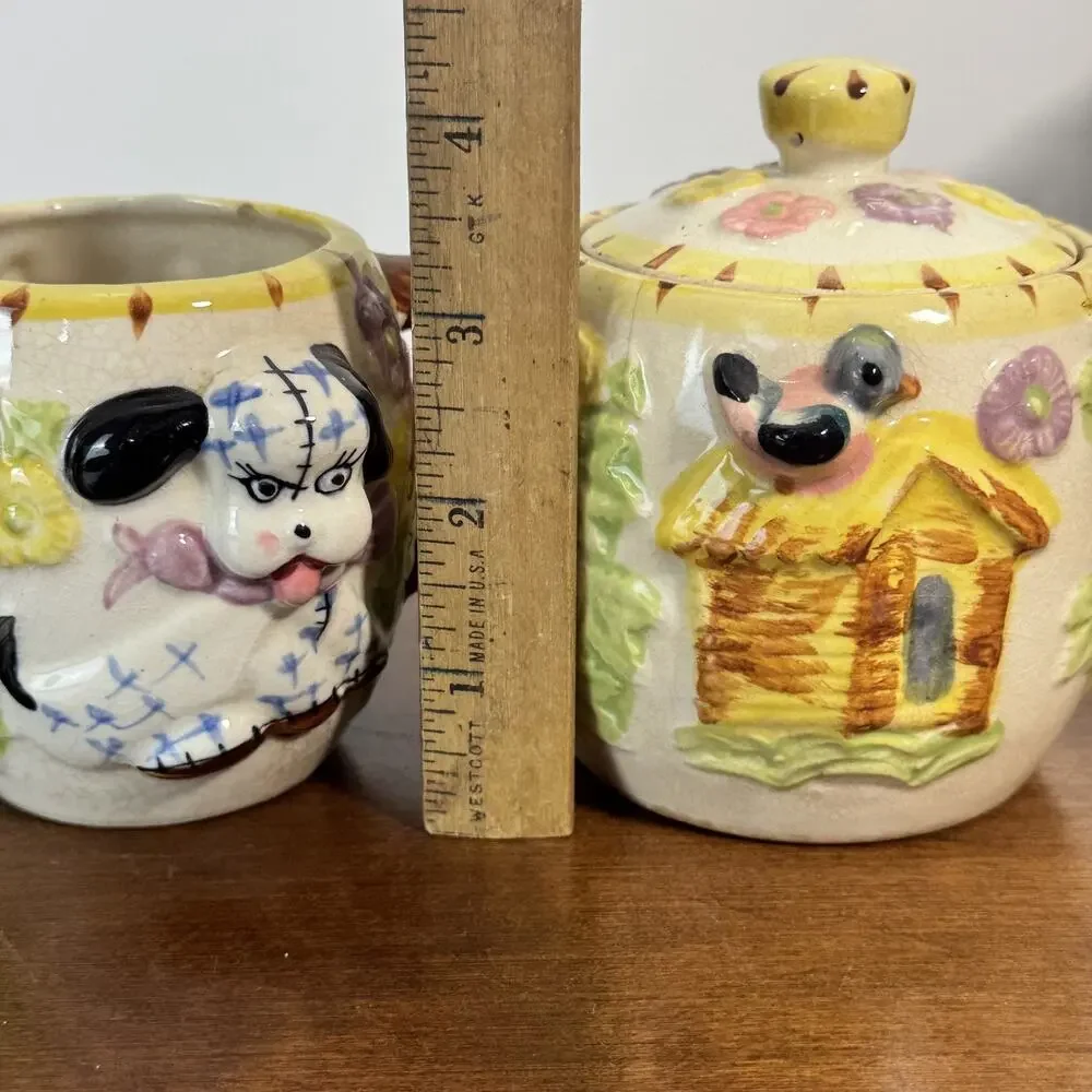 Vintage Japan Anthropomorphic Puppy Creamer Sugar Bowl Set Rag Doll Dog